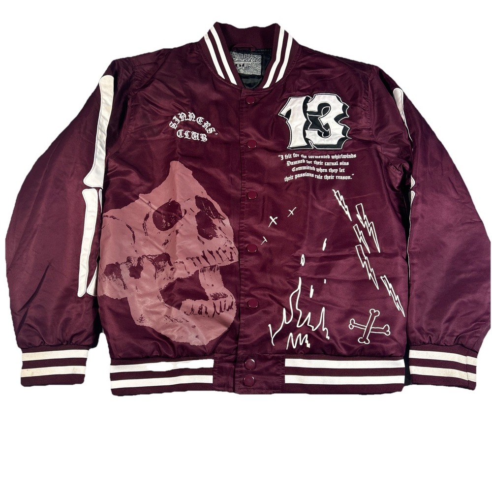 Brooklyn Cloth Sinner Skull Bomber Jacket Mens Medium Maroon Button Up 13 Skull